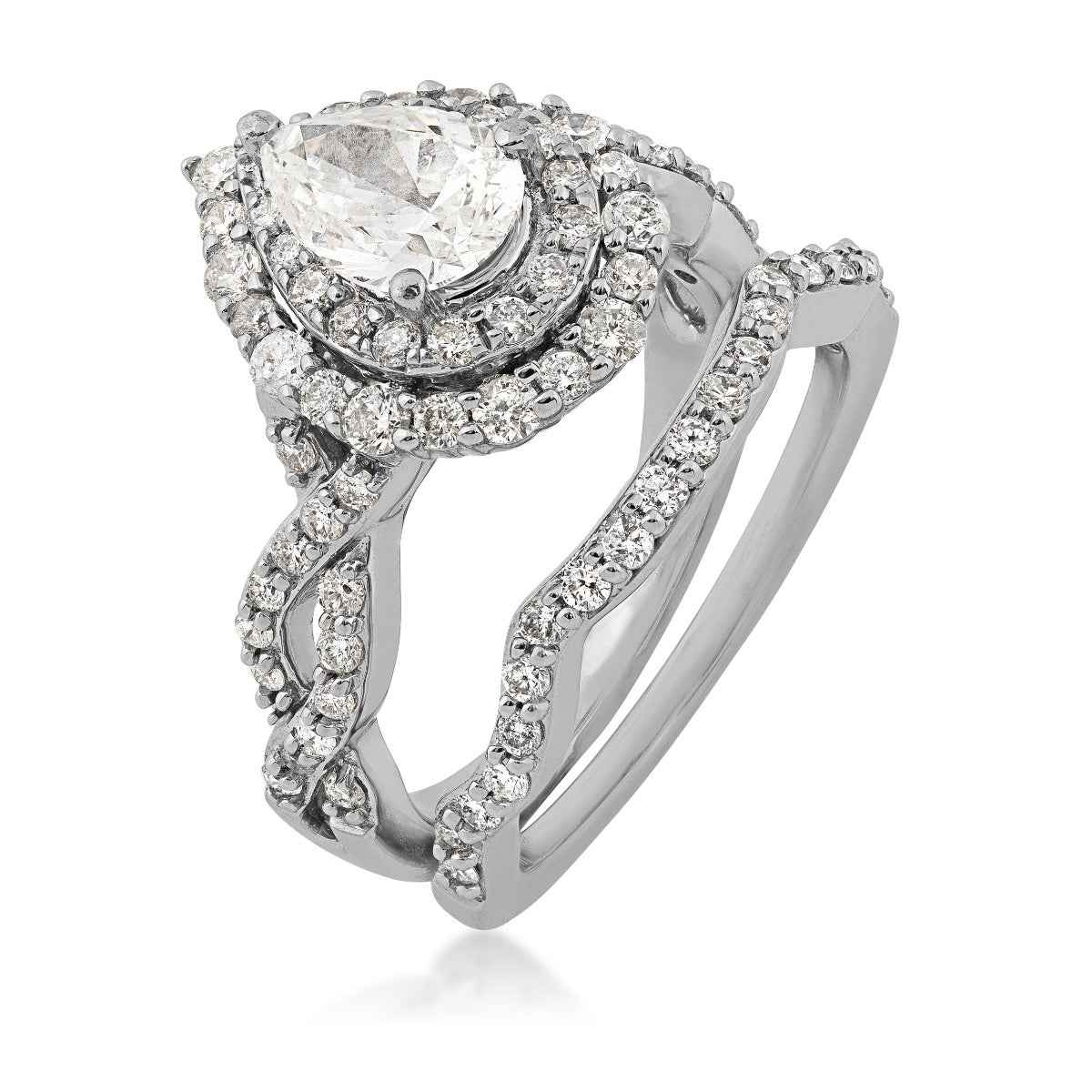 Amaura Collection 2 ct. tw. Pear-Shaped Double Halo Diamond Wedding Set with Twist Band in 14K White Gold close-up detail