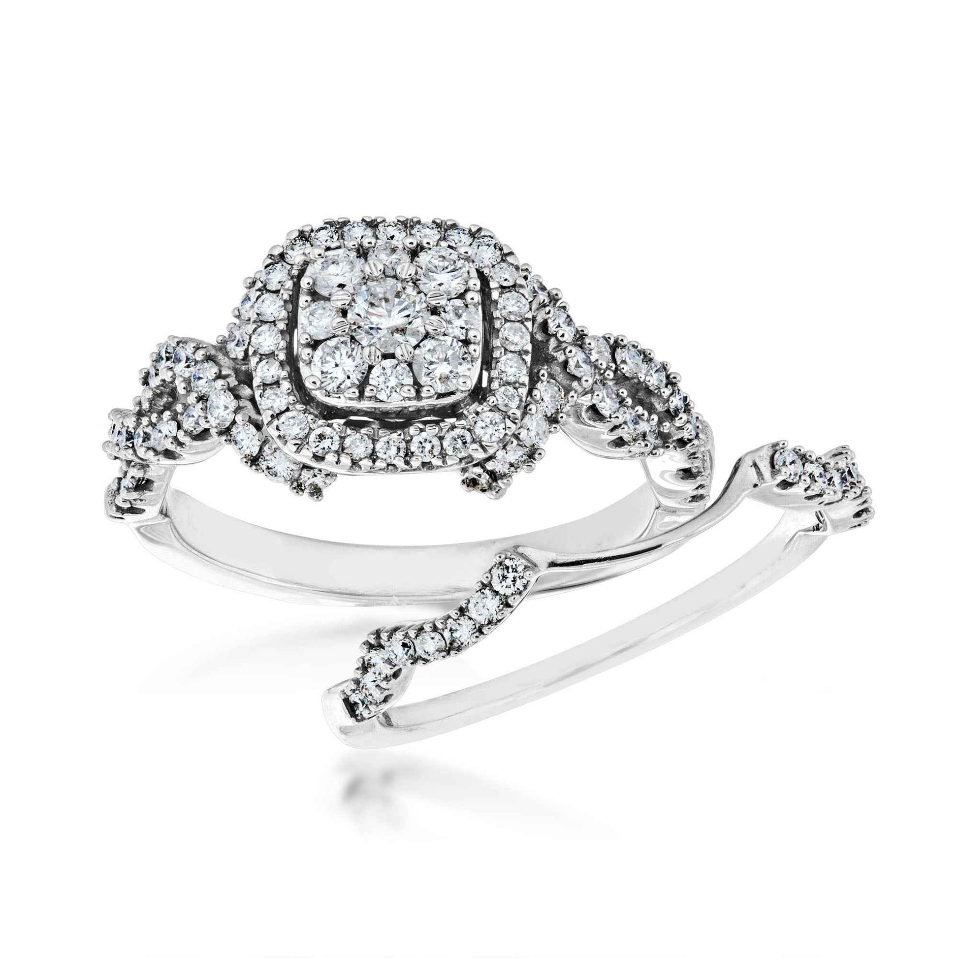 Fairytale Diamonds 7/8 ct. tw Diamond Cluster Halo Wedding Set in 10K White Gold front view