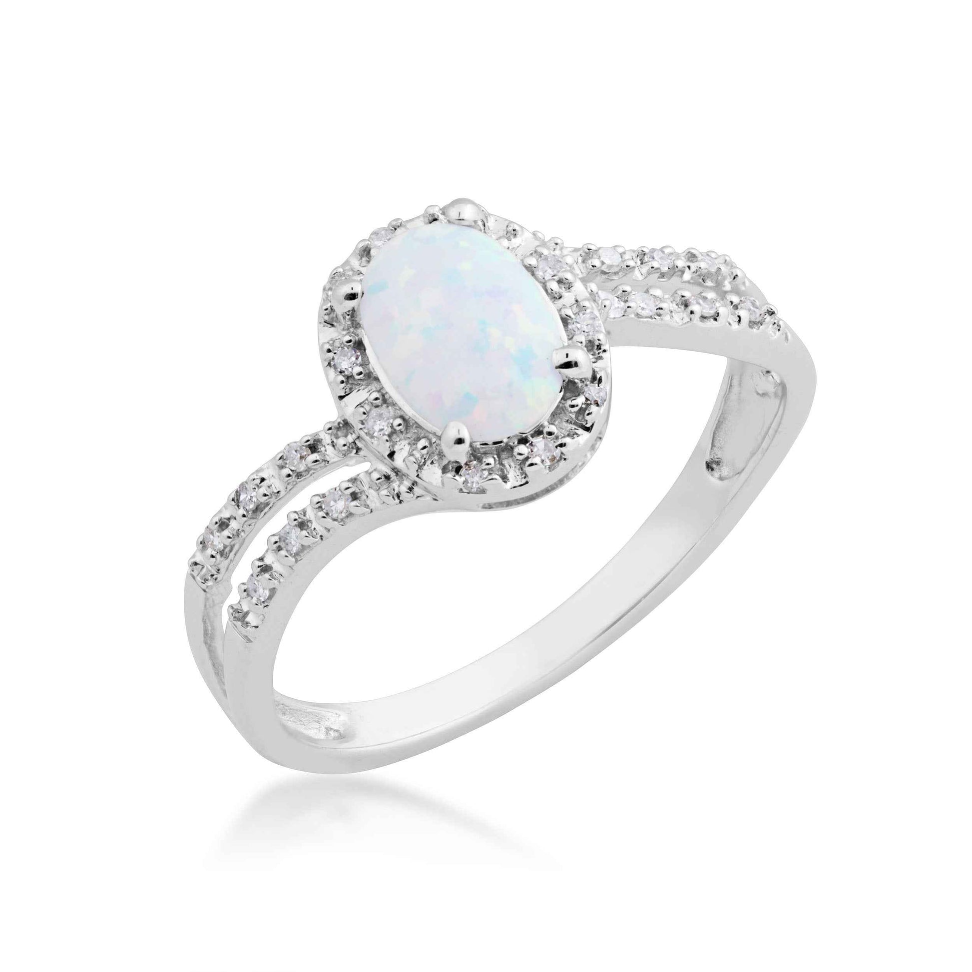 Created Oval Opal & Diamond Halo Split Shank Ring in 10K White Gold front view