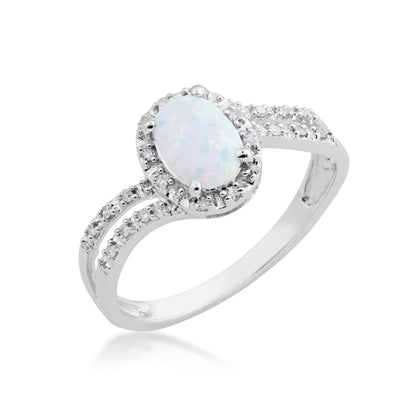 Created Oval Opal & Diamond Halo Split Shank Ring in 10K White Gold front view