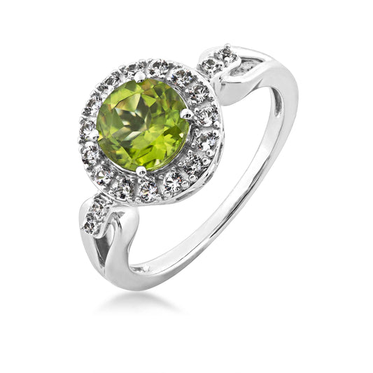 Genuine Round Peridot Fashion Ring with White Sapphire Halo in Sterling Silver front view