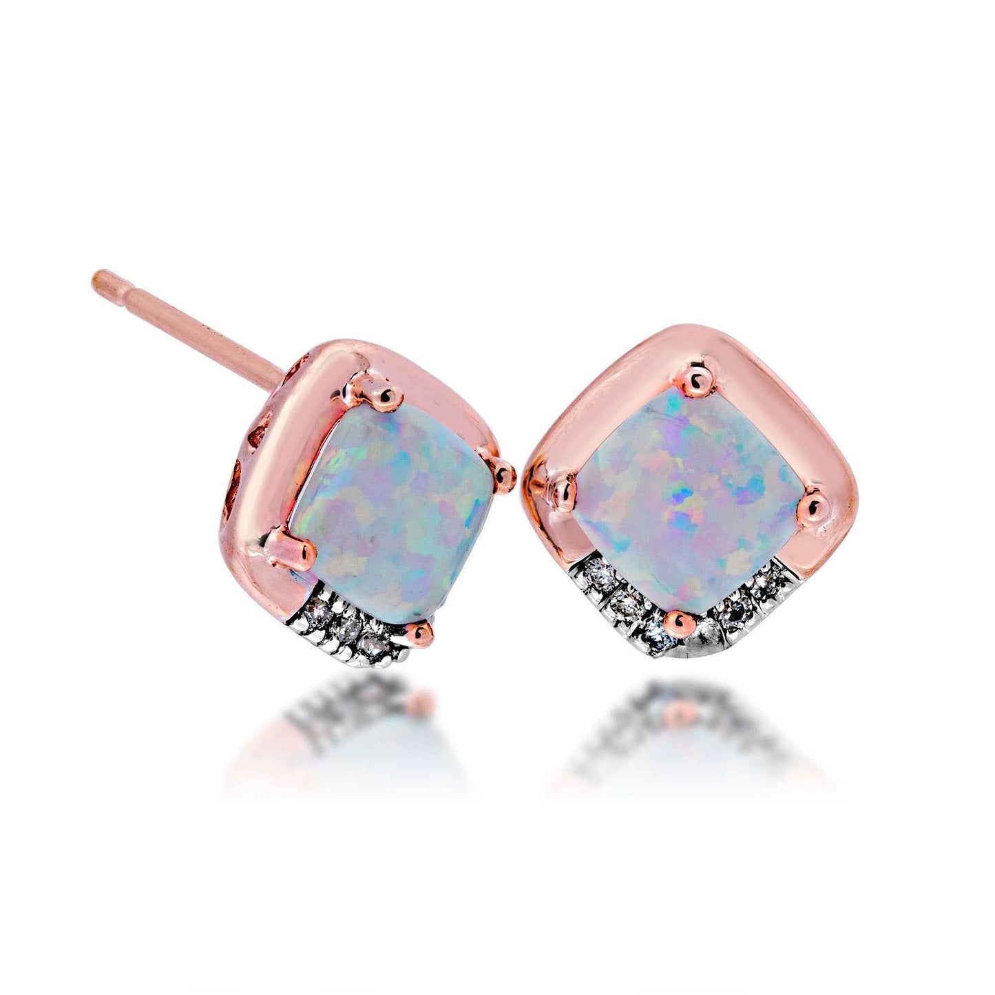 Created Cushion Cut Opal with .06 ct. tw. Diamond Accented Stud Earrings in 10K Pink Gold