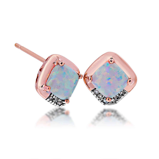 Created Cushion Cut Opal with .06 ct. tw. Diamond Accented Stud Earrings in 10K Pink Gold