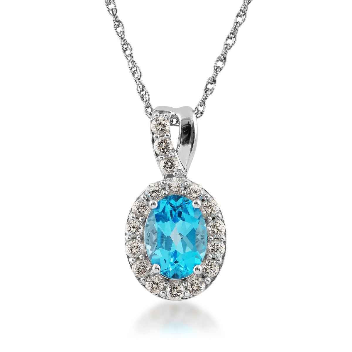 Oval Swiss Blue Topaz and Created White Sapphire Halo Pendant in Sterling Silver