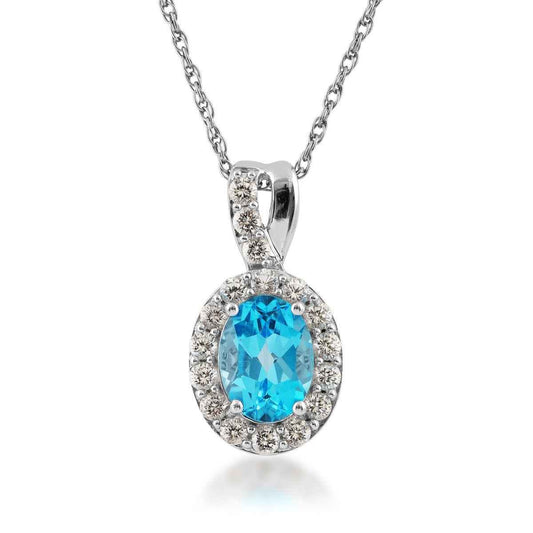Oval Swiss Blue Topaz and Created White Sapphire Halo Pendant in Sterling Silver