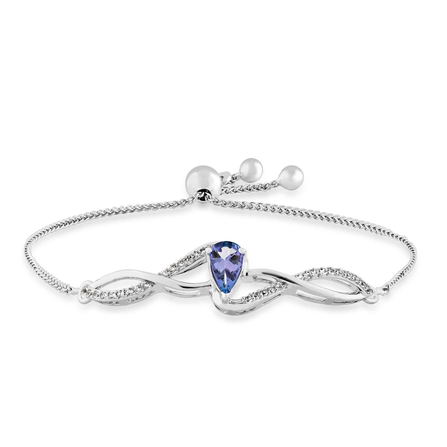 Genuine Pear-Shaped Tanzanite Bolo Bracelet with White Sapphire Accents in Sterling Silver