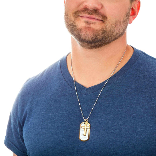 Men's Dog Tag and Cross Necklace with Serenity Prayer in Stainless Steel close-up detail