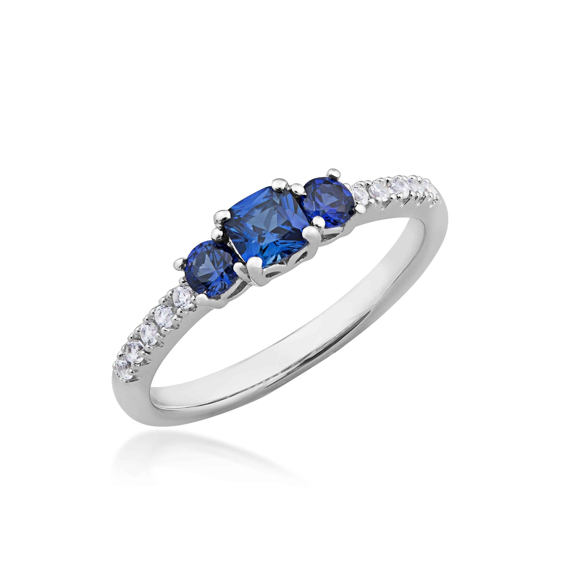 3-Stone Created Cushion Cut Blue & White Sapphire Stackable Ring in Sterling Silver front view