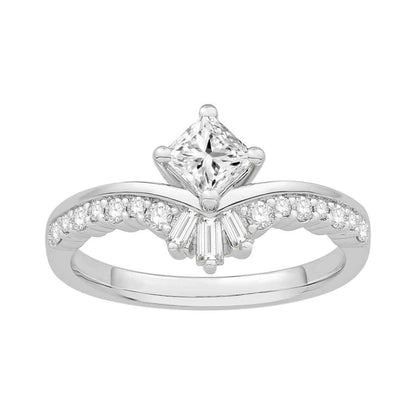 Timeless Collection 3/4 ct. tw. Princess Cut Diamond Engagement Ring with Round Brilliant & Baguette Band in 14K White Gold