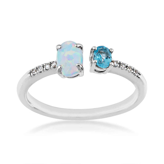 Oval Swiss Blue Topaz & Created Oval Opal Open Top Ring with White Sapphire Band in Sterling Silver