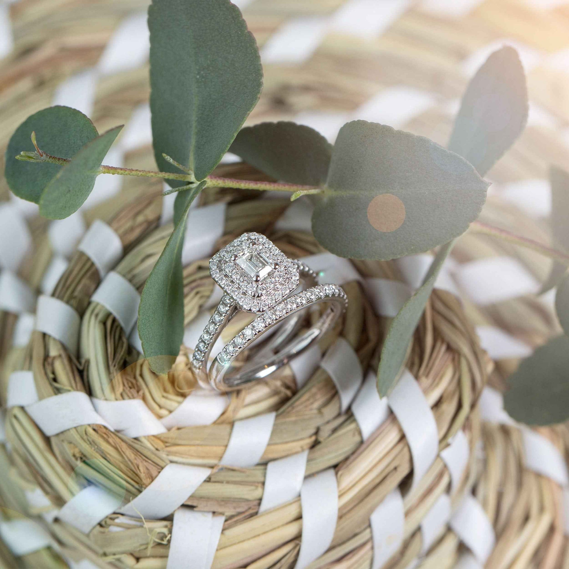 Natural 1 ct. tw. Emerald Cut Diamond Double Halo Wedding Set in 14K White Gold close-up detail