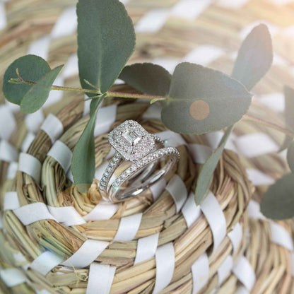 Natural 1 ct. tw. Emerald Cut Diamond Double Halo Wedding Set in 14K White Gold close-up detail