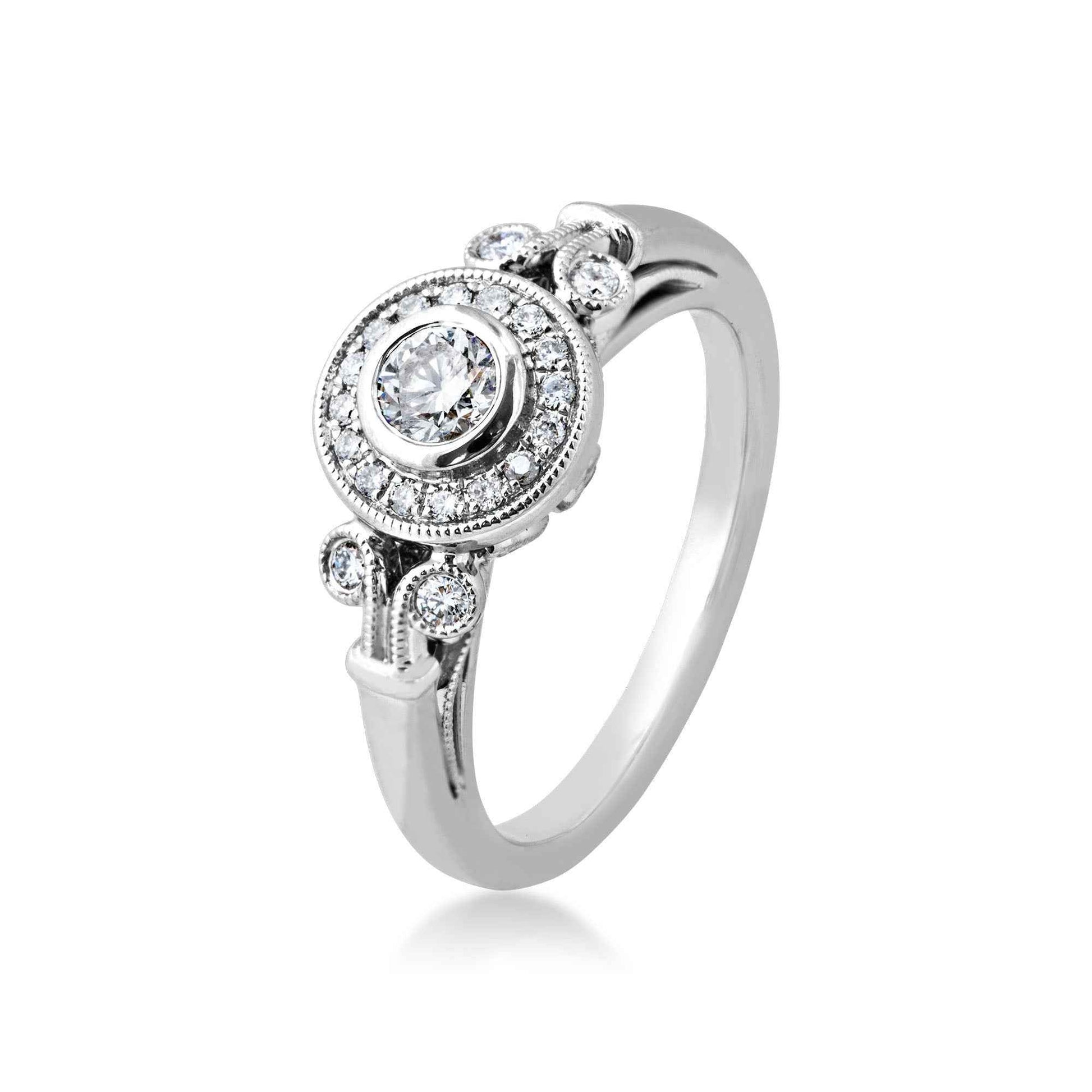 Elegance 1/2 ct. tw. Round Diamond Bezel Set Halo Engagement Ring with Vintage Filigree & Milgrain Detailing in front view