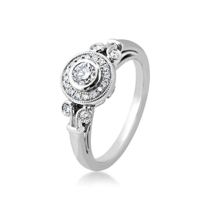 Elegance 1/2 ct. tw. Round Diamond Bezel Set Halo Engagement Ring with Vintage Filigree & Milgrain Detailing in front view