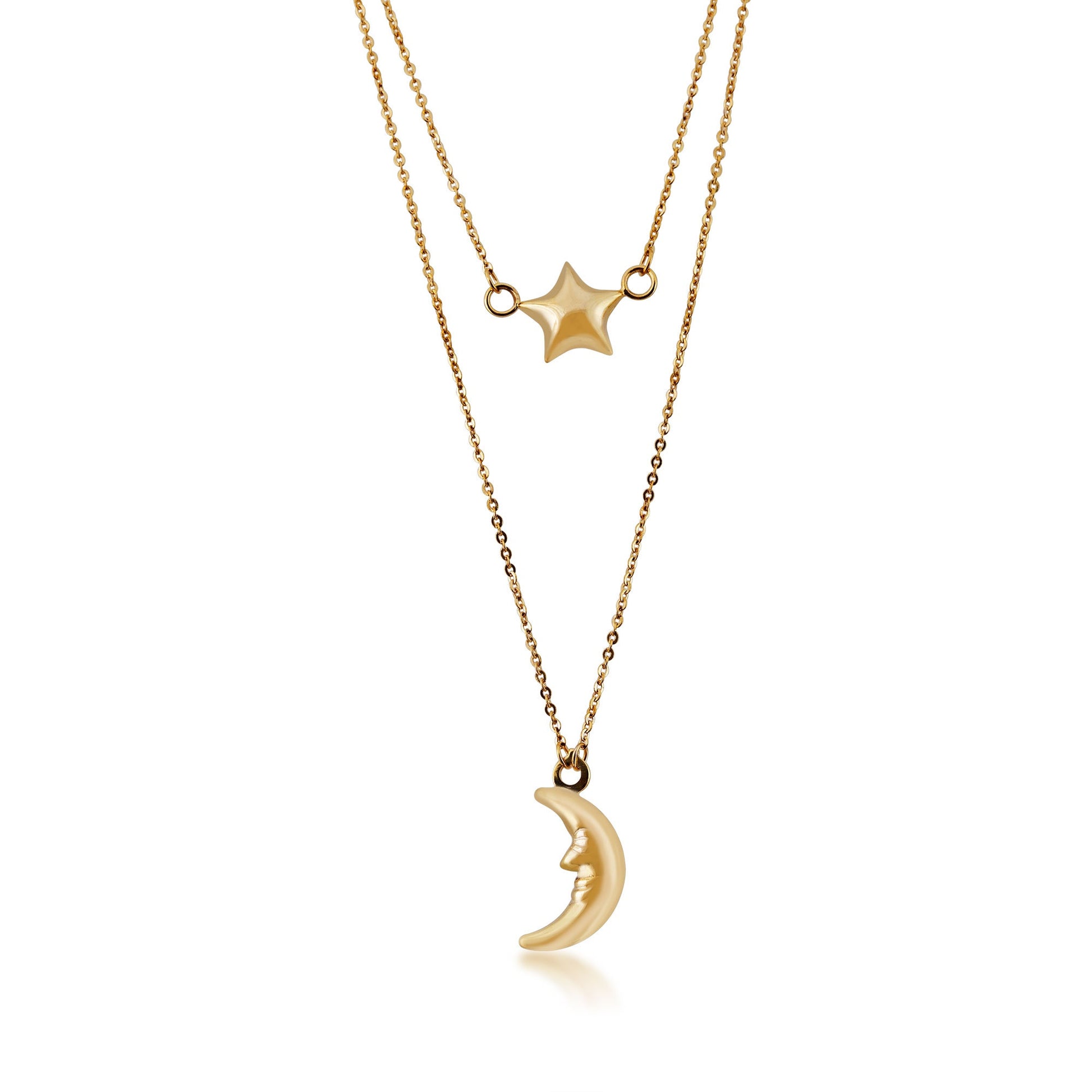 Moon and Stars Ladies' Layered Necklace in 10K Yellow Gold