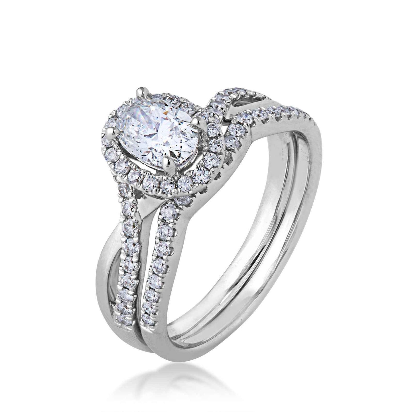 Canadian Rocks 5/6 ct. tw. Oval Diamond Halo Wedding Set with Twisted Designed Band in 14K White Gold front view