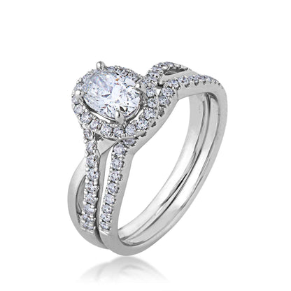 Canadian Rocks 5/6 ct. tw. Oval Diamond Halo Wedding Set with Twisted Designed Band in 14K White Gold front view
