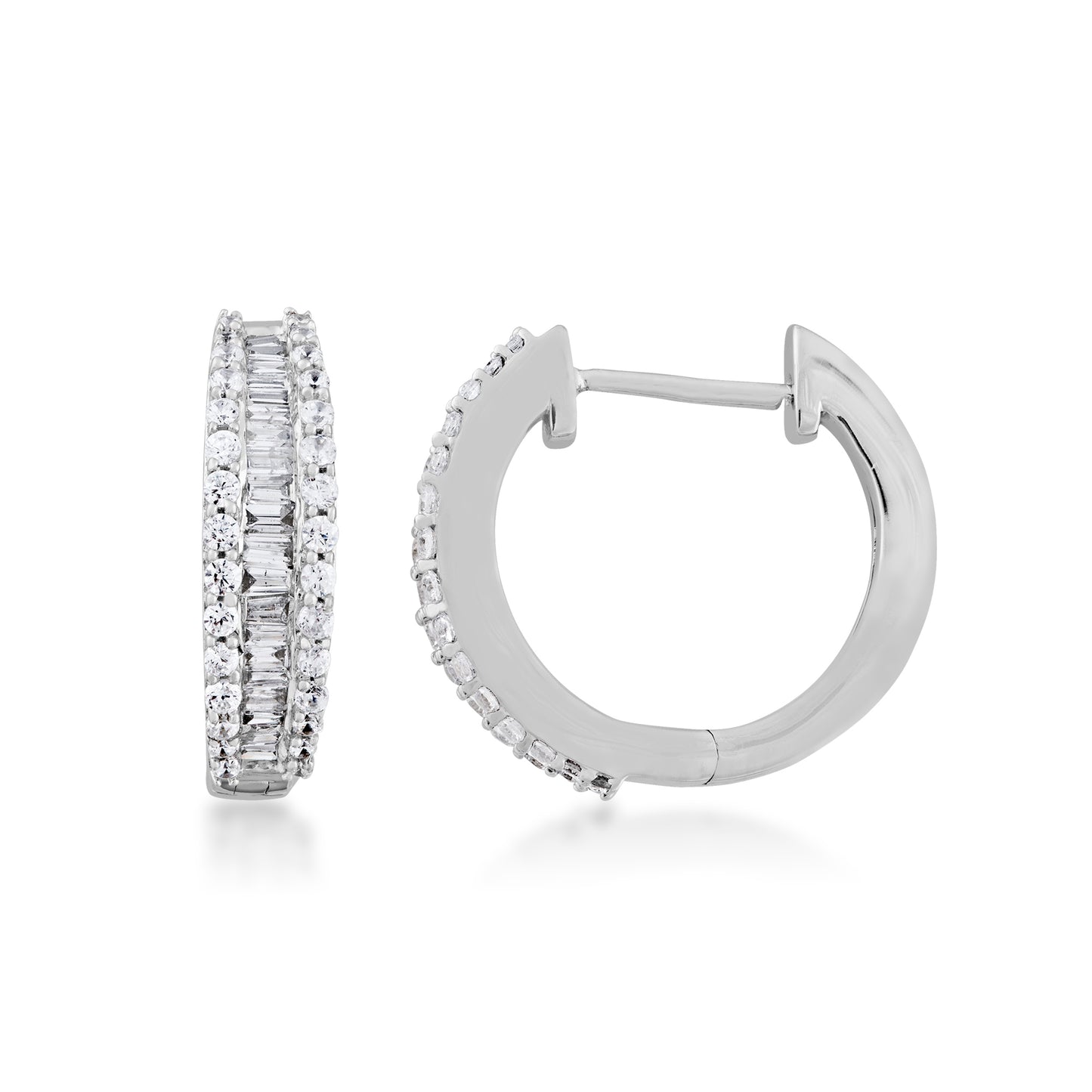 5/8 ct. tw. Round and Baguette Diamond Fashion Hoop Earrings in 10K White Gold