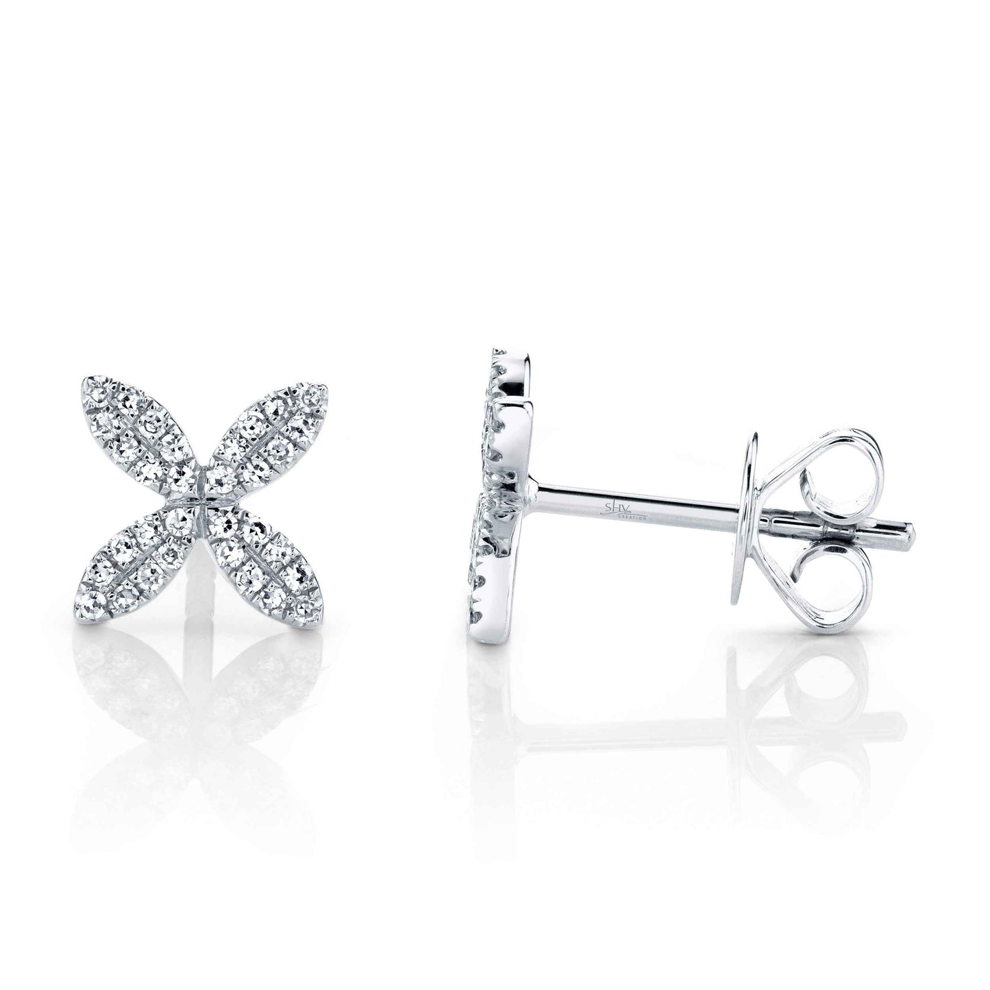 Shy Creation 1/6 ct. tw. Diamond Fashion Flower Stud Earring in 14KT White Gold front view