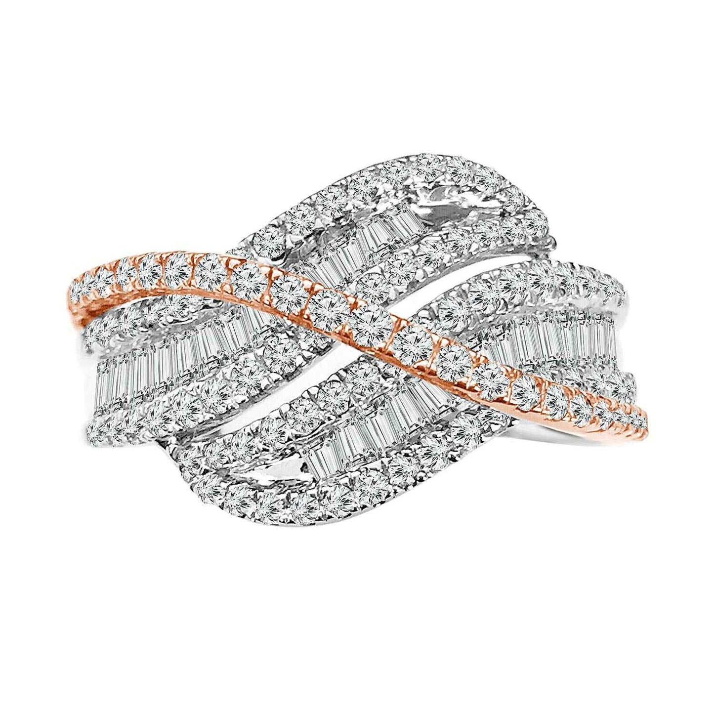 1 ct. tw. Diamond Anniversary Ring with Center Crossover Pink Gold Band in 10K White and Pink Gold