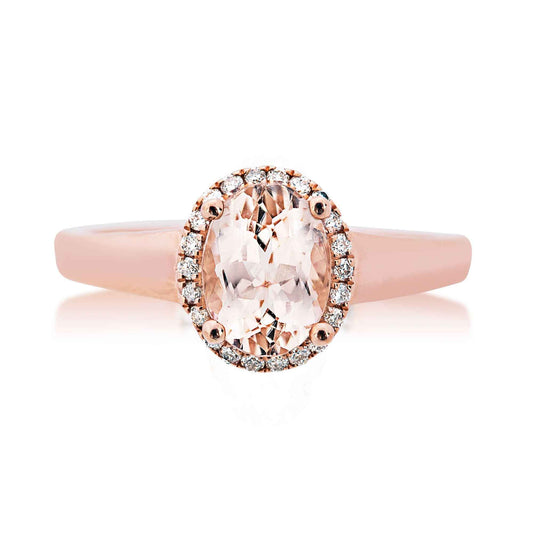 Genuine Oval Morganite Fashion Ring with 1/8 ct. tw. Diamond Halo in 10K Pink Gold