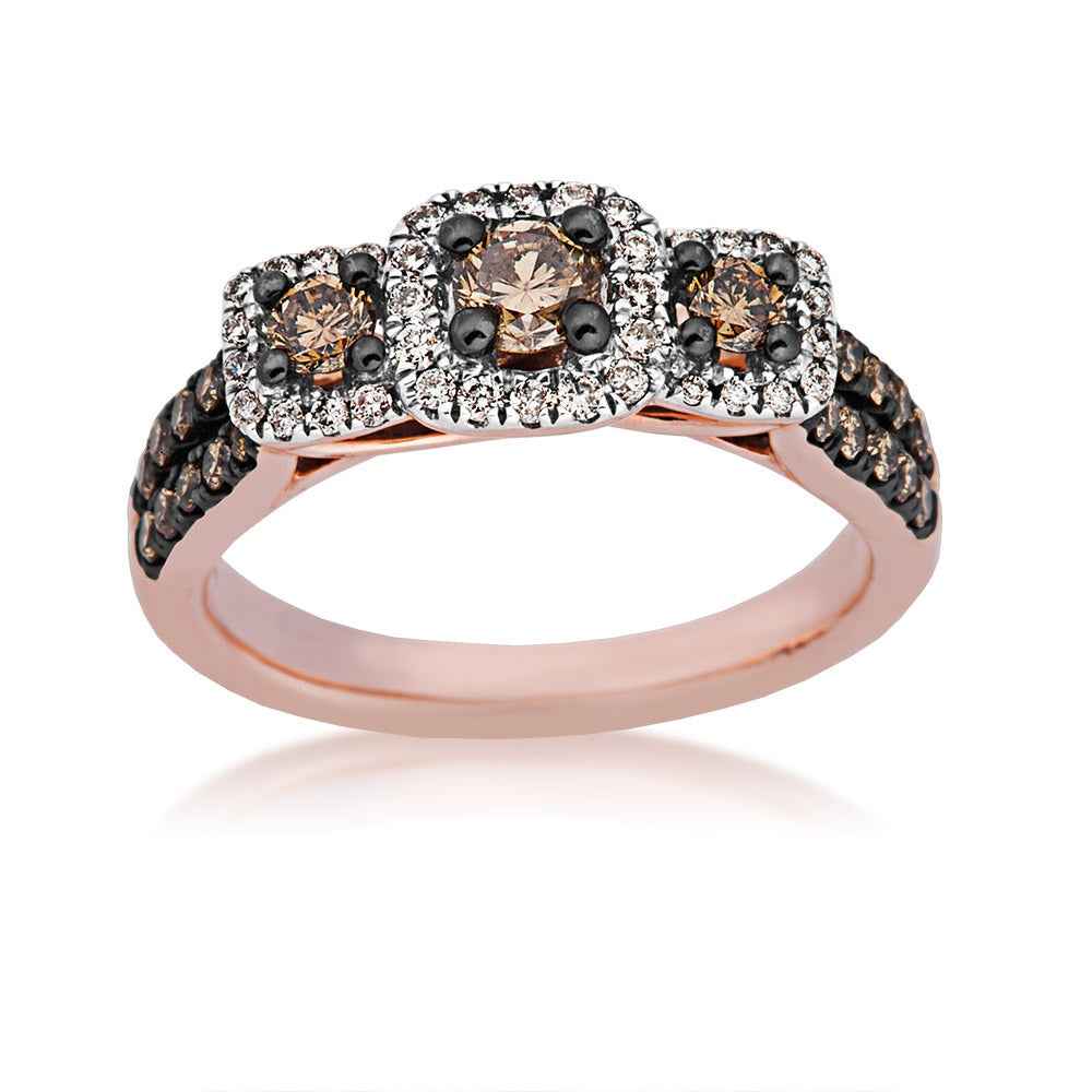 Mocha Collection 1 ct. tw. Round 3-Stone Mocha Diamond Anniversary Ring with White Diamond Halos & Black Rhodium Plating