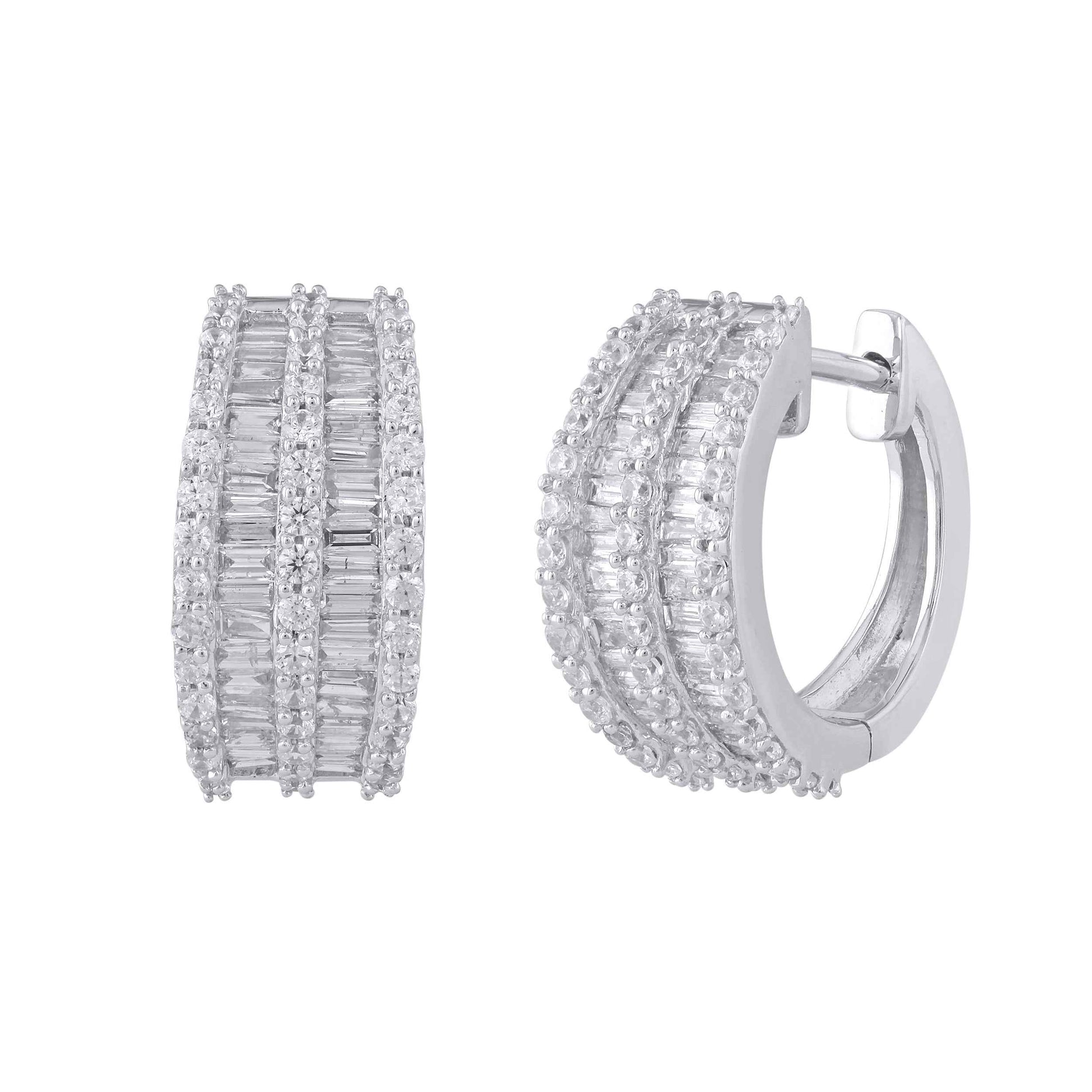 1-1/4 ct. tw. Round Brilliant and Baguette Two-Row Diamond Hoop Earrings in 10K White Gold