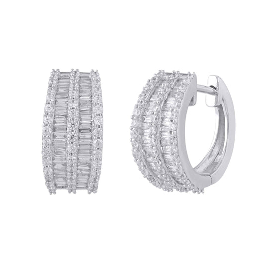 1-1/4 ct. tw. Round Brilliant and Baguette Two-Row Diamond Hoop Earrings in 10K White Gold