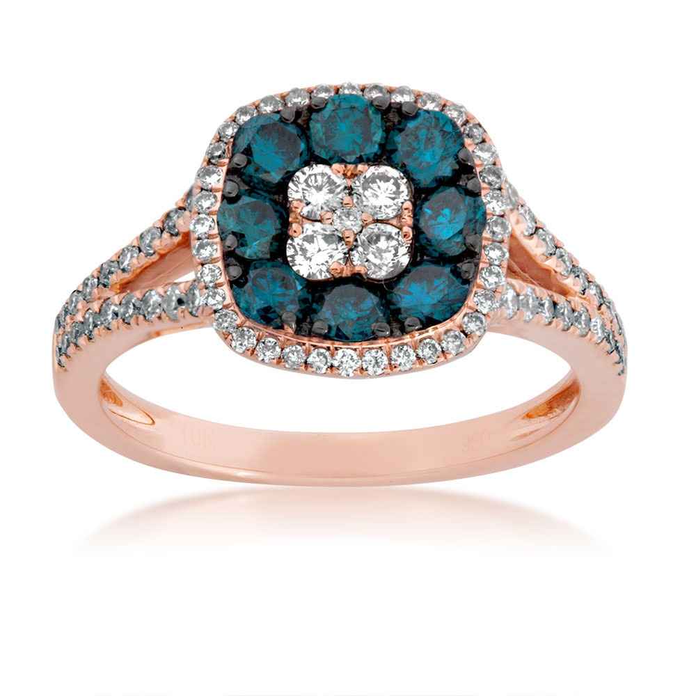1-1/4ct. tw Treated Blue and White Diamond Cluster Halo Ring in 10K Pink Gold front view