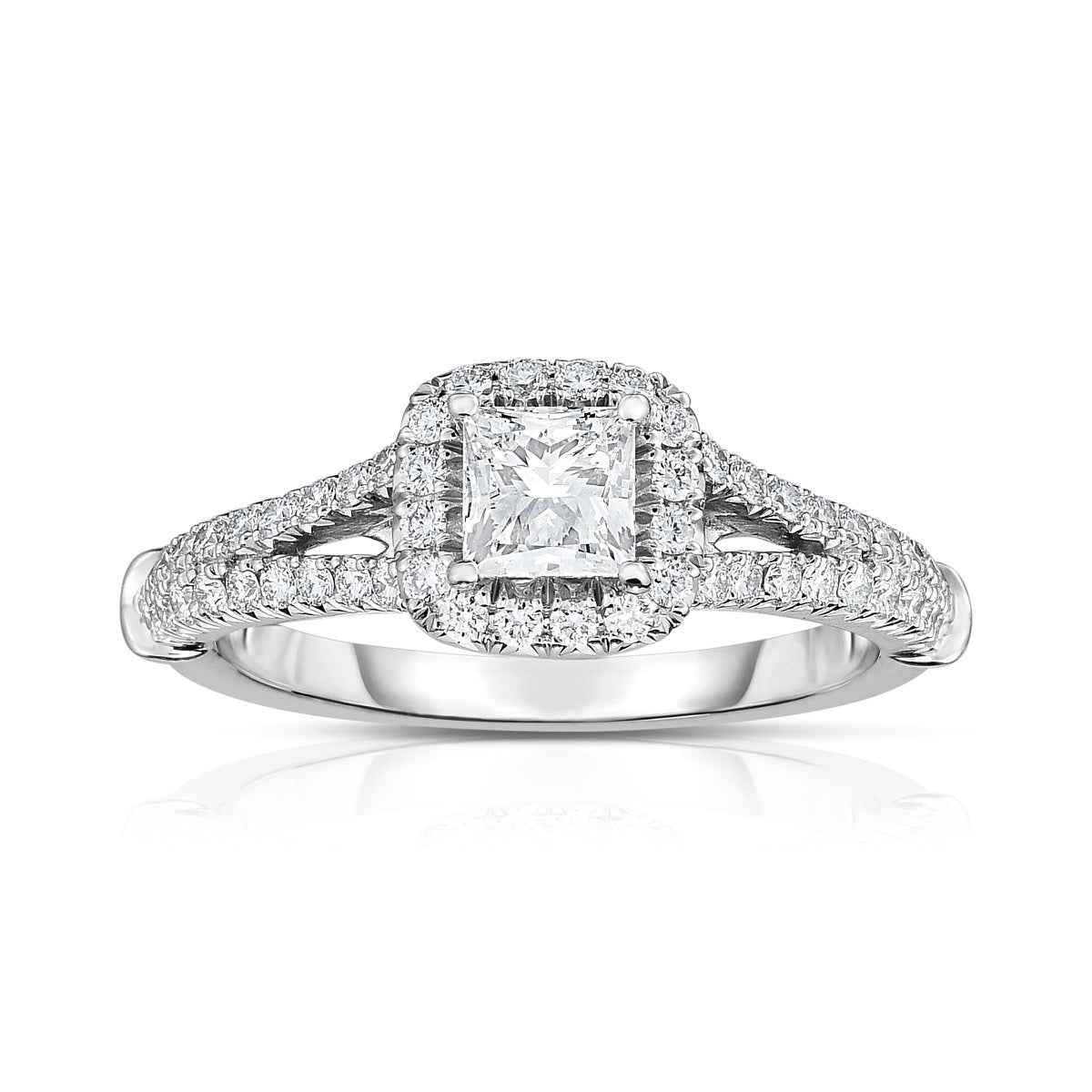 Brilliantly Yours 1-1/4 ct. tw. Princess Cut Diamond Engagement Ring with Diamond Halo & Split-Shank Band in 14K White Gold