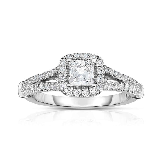 Brilliantly Yours 1-1/4 ct. tw. Princess Cut Diamond Engagement Ring with Diamond Halo & Split-Shank Band in 14K White Gold