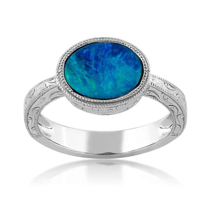 Blue Opal Doublet Ring in 10K White Gold
