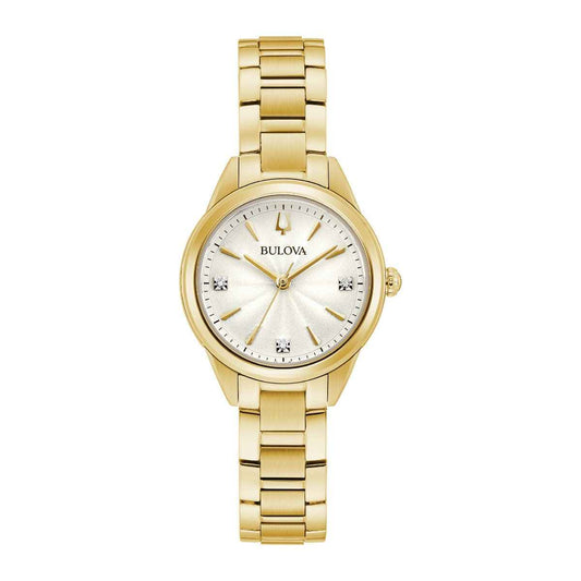 Bulova Ladies' Sutton Gold-Tone Stainless Steel Watch with Silver White Dial and 3 Diamonds