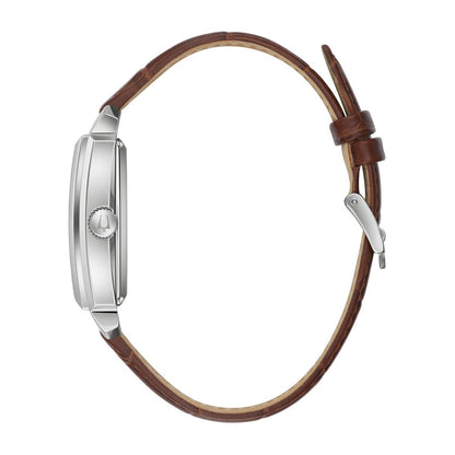 Bulova Men's Sutton Stainless Steel Watch with Silver Dial & Brown Leather Strap front view