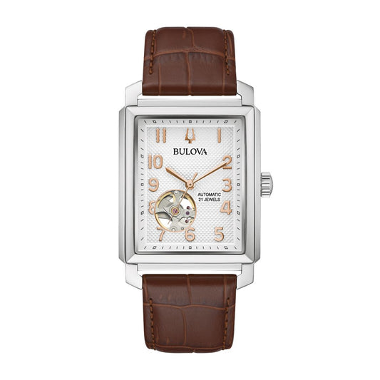 Bulova Men's Sutton Stainless Steel Watch with Silver Dial & Brown Leather Strap