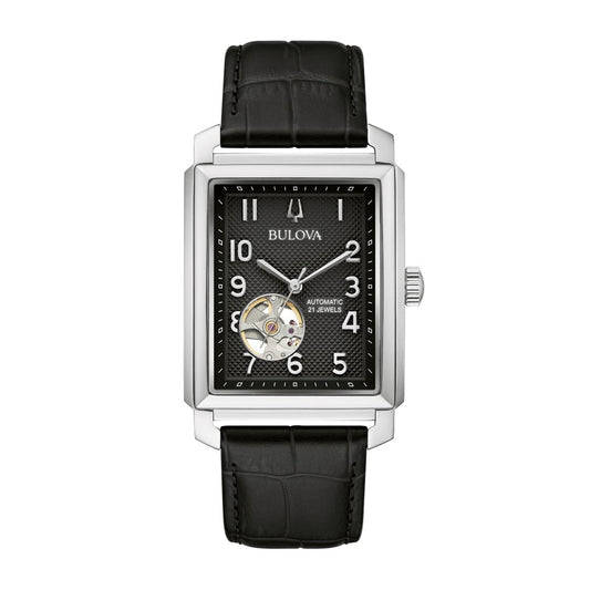 Bulova Men's Sutton Stainless Steel Watch with Black Dial & Black Leather Strap