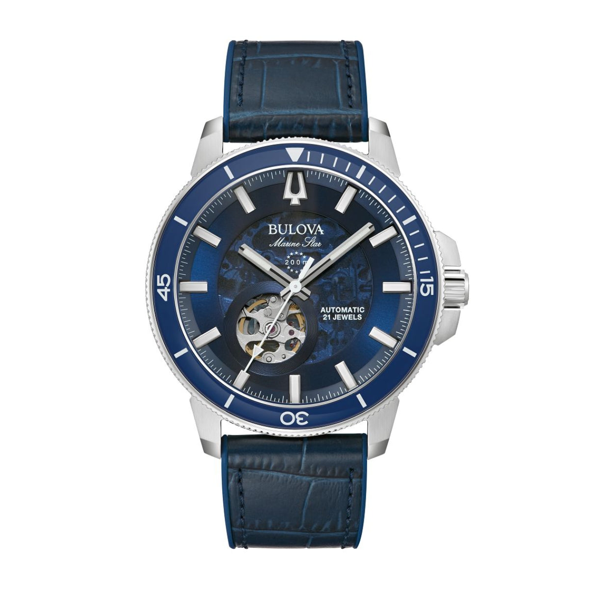 Bulova Men's Marine Star Stainless Steel Watch with Blue Dial & Blue Leather Strap