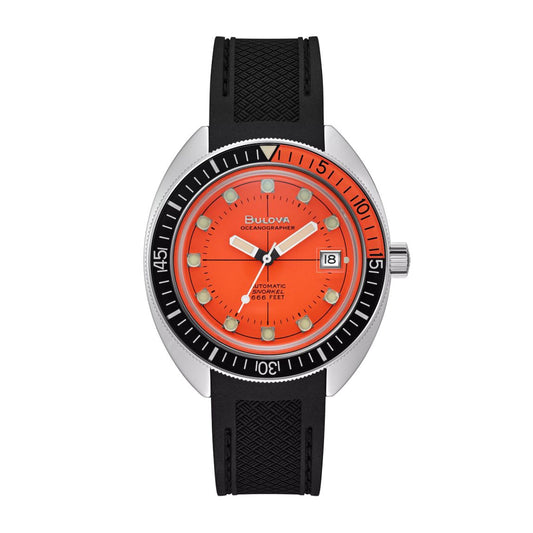 Bulova Men's Devil Diver Stainless Steel Watch with Orange Dial & Black Polyurethane Strap