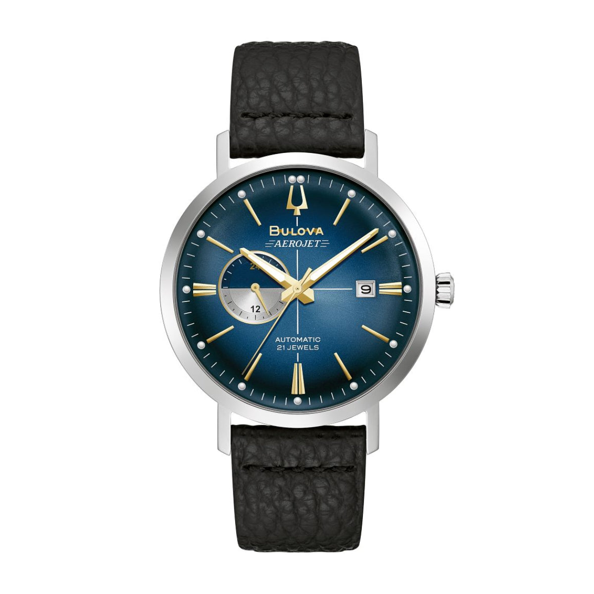 Bulova Men's Aerojet Stainless Steel Watch with Blue Dial & Black Leather Strap