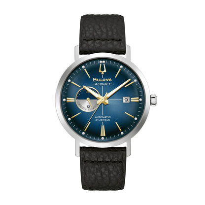 Bulova Men's Aerojet Stainless Steel Watch with Blue Dial & Black Leather Strap