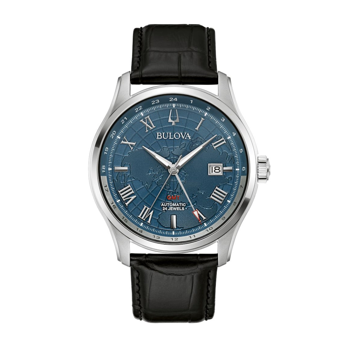 Bulova Men's Wilton GMT Stainless Steel Watch with Blue Map Dial & Black Leather Strap