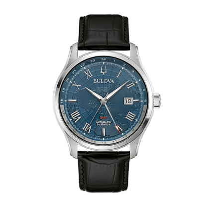 Bulova Men's Wilton GMT Stainless Steel Watch with Blue Map Dial & Black Leather Strap