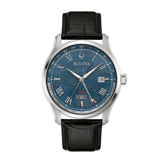 Bulova Men's Wilton GMT Stainless Steel Watch with Blue Map Dial & Black Leather Strap