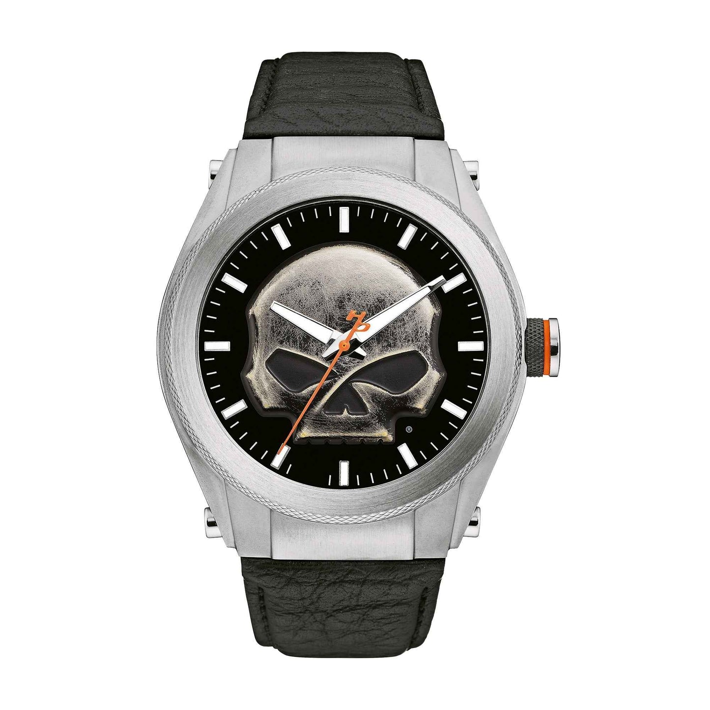 Harley Davidson Men's Heavy Metal Watch with Black Leather Strap and Raised Skull Medallion Dial