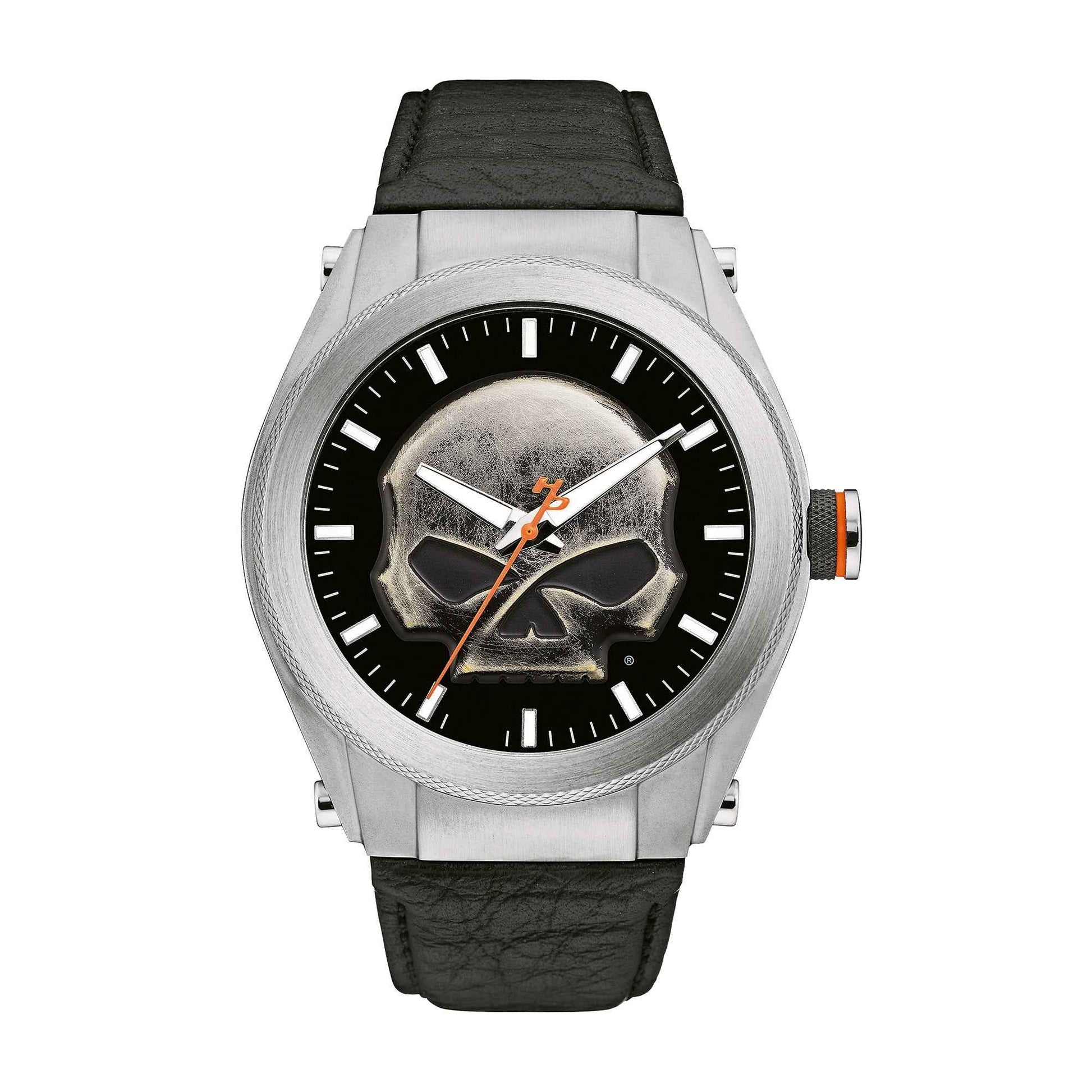 Harley Davidson Men's Heavy Metal Watch with Black Leather Strap and Raised Skull Medallion Dial