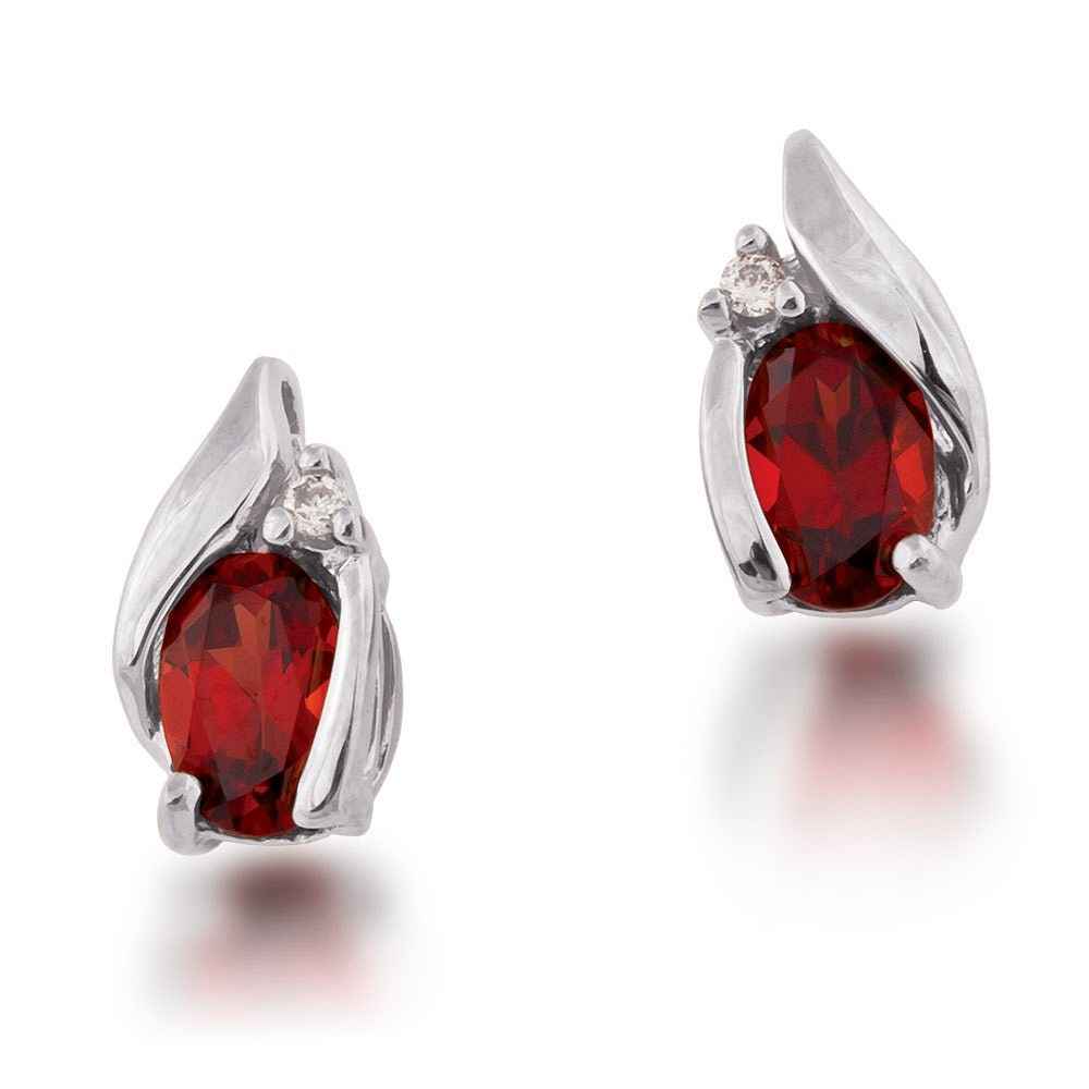 Genuine Oval Garnet & .02 ct. tw. Diamond Earrings in 10K White Gold