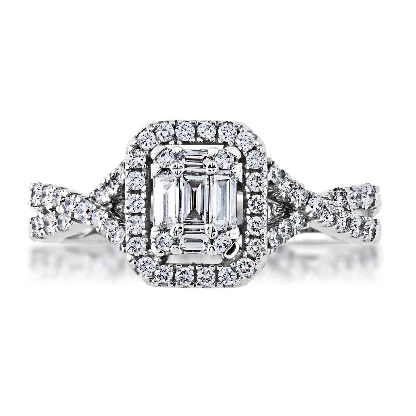 Fairytale Diamonds 5/8 ct. tw. Baguette & Round Diamond Emerald-Shaped Cluster Halo Engagement Ring with close-up detail