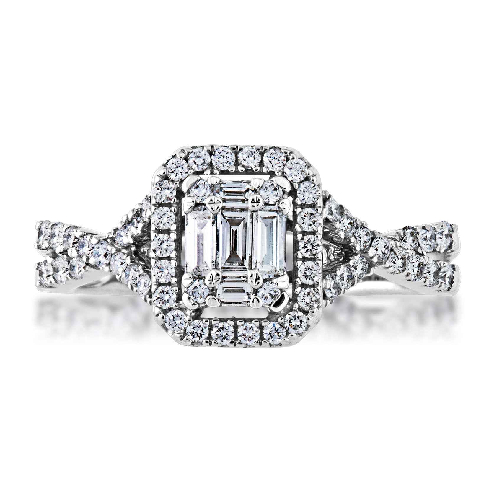 Fairytale Diamonds 5/8 ct. tw. Baguette & Round Diamond Emerald-Shaped Cluster Halo Engagement Ring with close-up detail