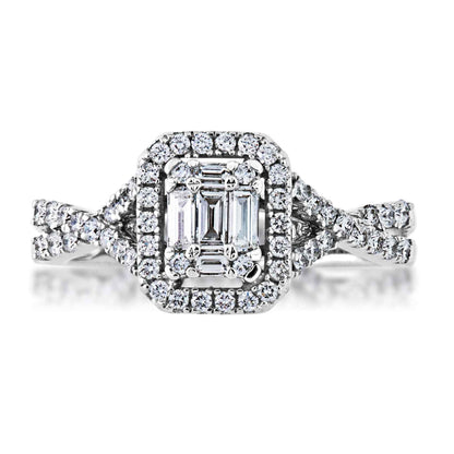 Fairytale Diamonds 5/8 ct. tw. Baguette & Round Diamond Emerald-Shaped Cluster Halo Engagement Ring with close-up detail