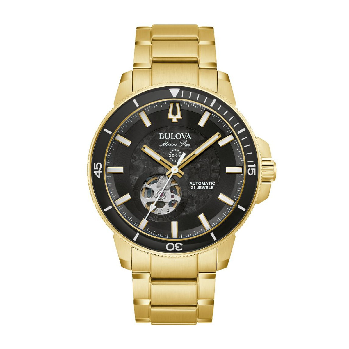 Bulova Men's Marine Star Gold-Tone Stainless Steel Watch with Black Dial